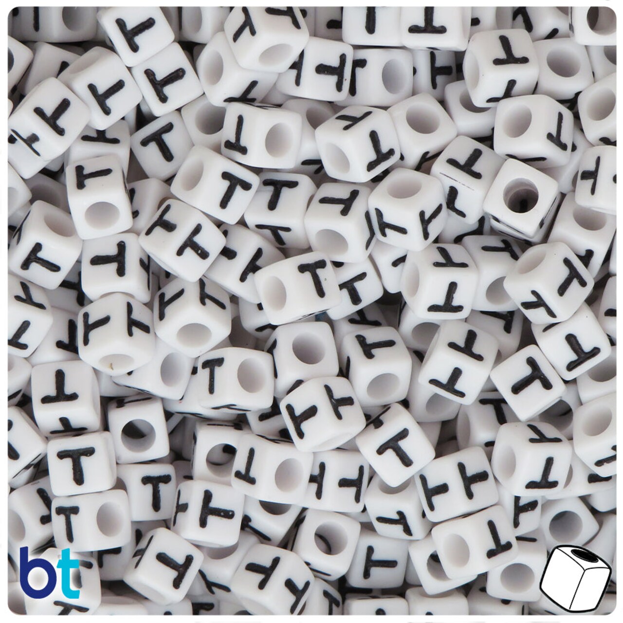 BeadTin White Opaque 7mm Cube Plastic Alpha Beads - Black Letter T (75pcs)